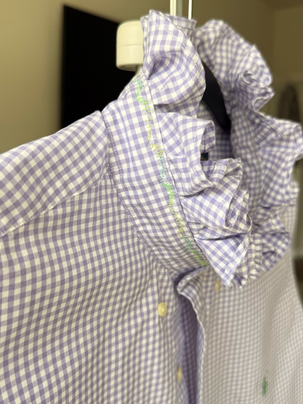 Reloved Upcycle ♻️ Ralph Lauren Lavender & White Gingham Ruffle Collar Shirt